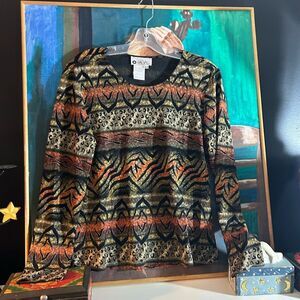 Chagall Chic Animal Print Sweater - Top Black, Brown, Orange Size M